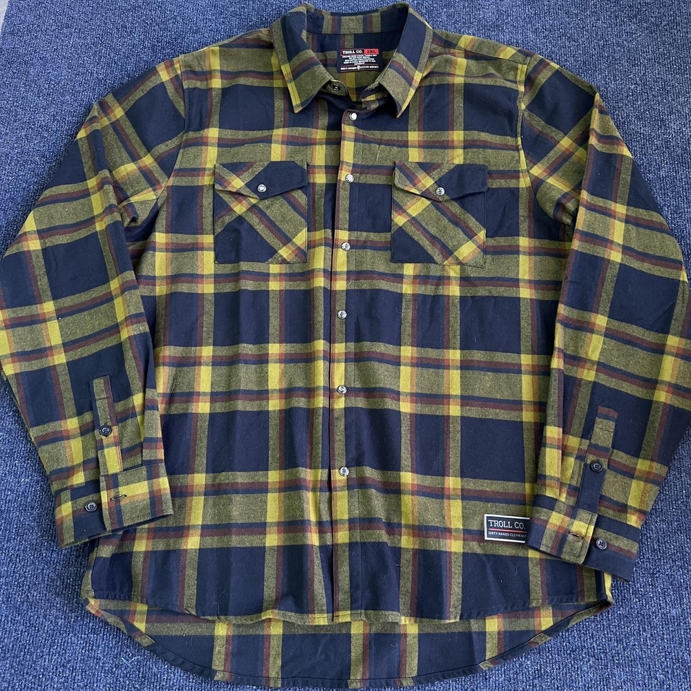 Troll Co. Flannel Shirt Mens 2XL Blue Plaid Long Sleeve Snap Button Up Workwear